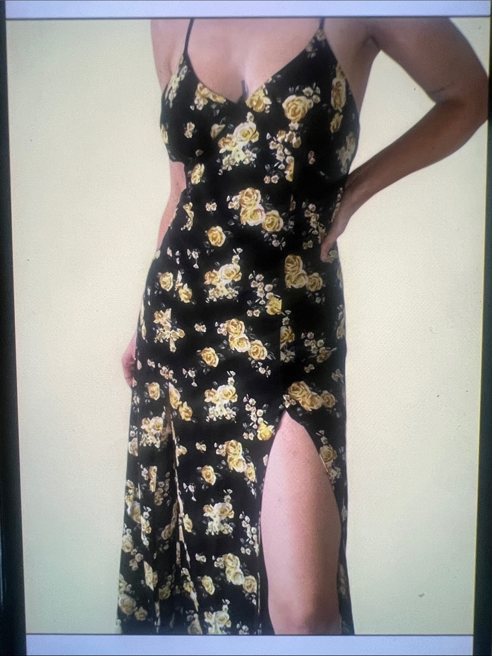 Black Floral Slip Dress with Yellow Rose Print Maxi Dress